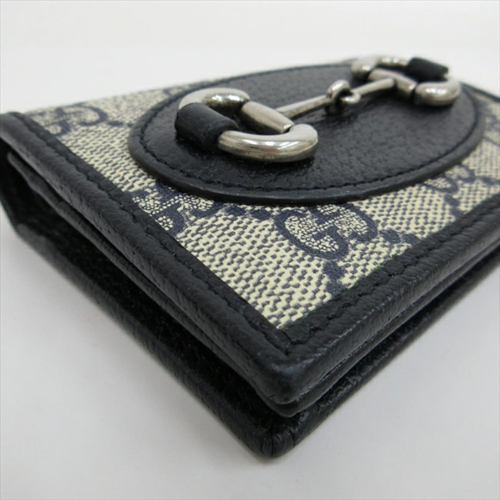 GUCCI GG Supreme Horsebit Bi fold Wallet Compact Navy Blue White Leather - Picture 4 of 9